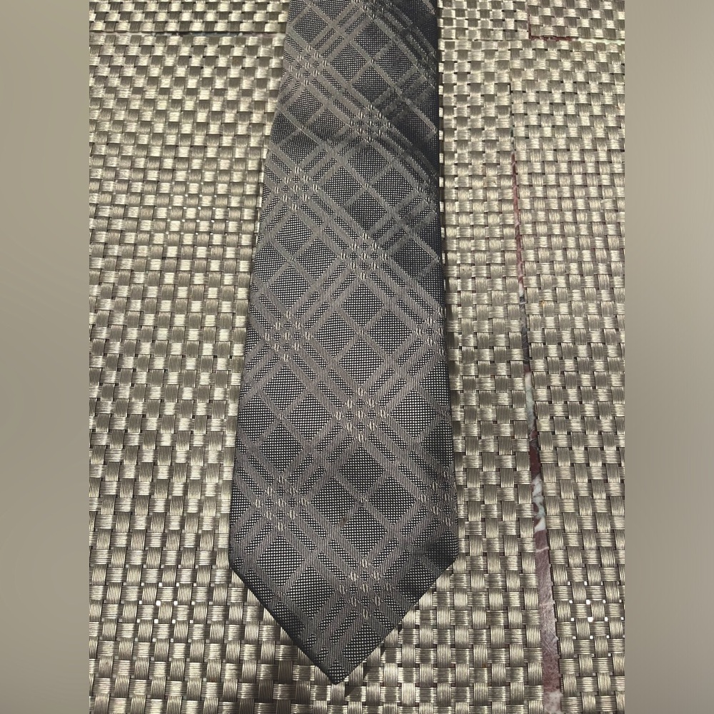 Burberry tie.  Taupe/gray w black.